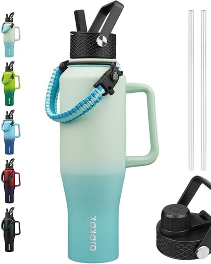 BJPKPK Insulated Water Bottles with Straw Lid, 40oz Metal Water Bottle with 2 lids & Paracord Strap, Double Wall Stainless Steel Tumbler with Handle, Reusable Cups, Mugs, Thermo, Mint