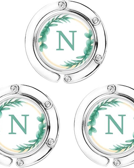 Iqimott 3pcs Personalized Initial Foldable Purse Hook for Table, Flower Letter Folding Handbag Hanger Portable Magnet Table Hook Holder, Collection Desk Purse Hooks for Women Bag (Green-N)