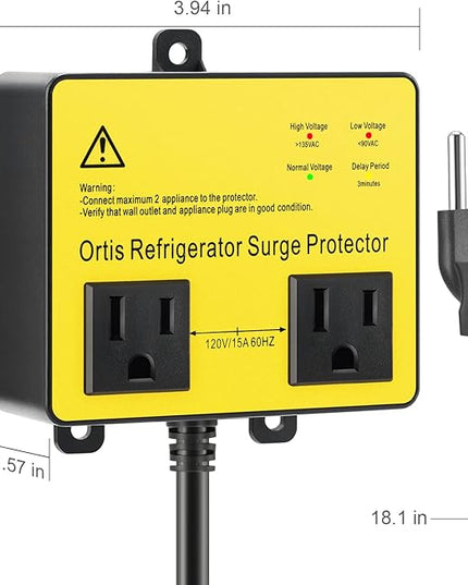 Refrigerator Surge Protector, Ortis Double Outlet Voltage Protector for Home Appliances with Time Delay, Protects Against Brownout, Spike, Instant Surge All Voltage Abnormalities, Yellow