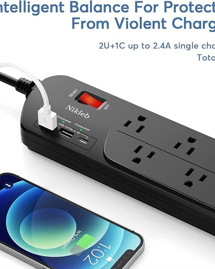 Extension Cord with Multiple Outlets, Surge Protector Power Strip with USB, 6ft Power Cord, 10 Wide Outlets, 2 USB+1 USB C Fast Charging Ports, Wall Mount, Heavy Duty, Home, Office Accessories