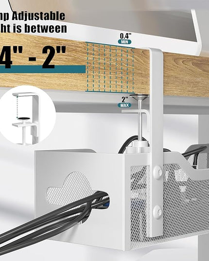 Under Desk Cable Management Tray White, Litwaro Cable Management Under Desk No Drill, 25'' Cable Tray with Clamp for Wire Management, Cord Organizer for Office, Home - No Damage to Table