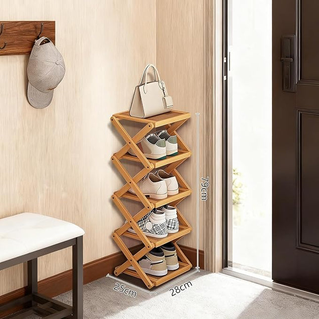 YYW Shoe Rack, Foldable Shoes Organizer Free Standing Shelf for Entryway, Closet, Hallway, Foldable X Shape Multi Tier Shoe Rack (Wood Color,5 Layers)