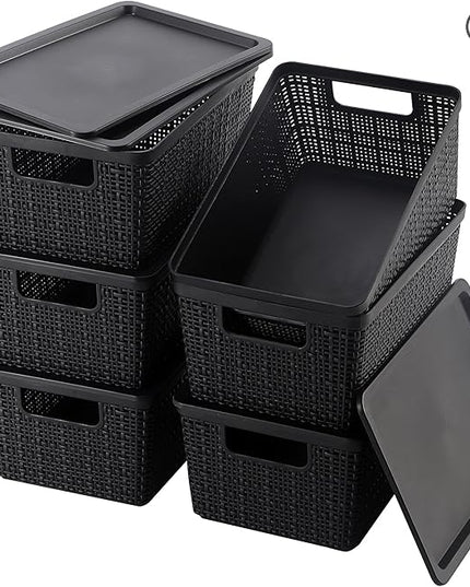 6 Pack Plastic Storage Baskets With Lids,Black Breathable Stackable Storage Bins,Small Storage Containers,for Organizing Storage Baskets on Desktops,Closets,Playrooms,Classrooms,Offices