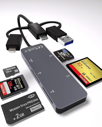 Memory Stick Pro Duo Adapter - 5 in 1 Aluminum Multi Memory Card Reader with Triple Lightning/USB-C/USB 3.0 for SD/Micro SD/MS/XD/CF/Pro-HG Duo, Sony Memory Stick Pro Duo Adapter for iPhone/Android/PC