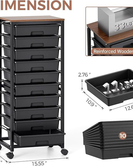 Rolling Cart with Drawers,10 Drawer Rolling Cart,Rolling storage cart with drawers,Black Rolling Drawer Cart,Teacher Rolling Cart for Classroom Storage,Craft Cart with Wooden Tabletop