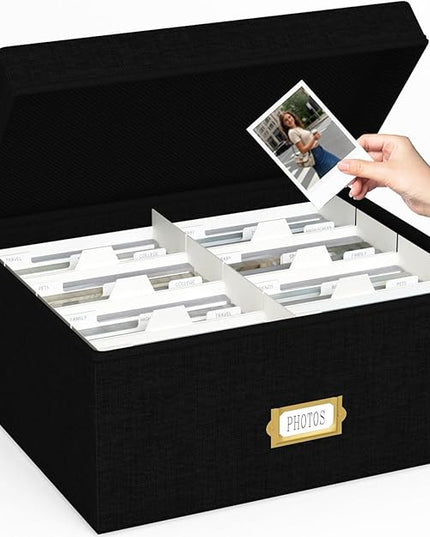 Decorative Photo Storage Box - Linen Photo Box Organizer with Dividers, Fits Holds Up to 1700 Pictures and 4x6 Photos, Memory Keepsake Organizer for Photos, Scrapbook Supplies, Cards, Stamps (Black)