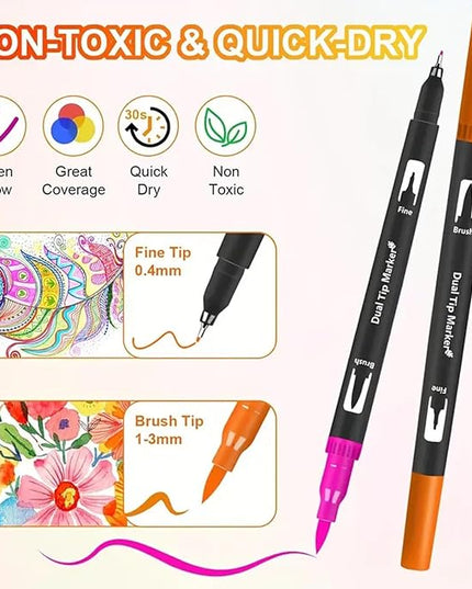 Dual Brush Markers Pens, 120 Colors Dual Tip(Fineliner & Brush) Art Markers, Artist Coloring Marker Set for Adult Coloring Books No Bleeding