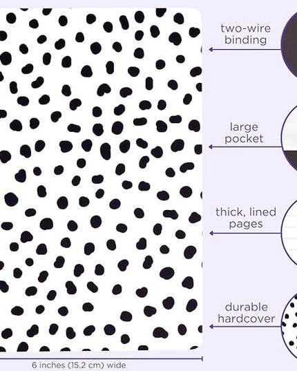 Steel Mill & Co Cute Mini Spiral Notebook, 8.25" x 6.25" Journal with Durable Hardcover and 160 Lined Pages, Black Dots