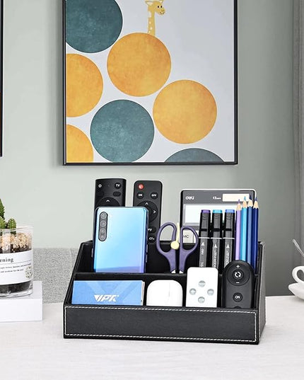 KINGFOM Pu Leather Desk Organizer with 5 Compartments Holder, Multi-Functional Office Supplies Storage Caddy for Pen/Pencil, Phones, Remote Controller and Desktop Accessorie Black