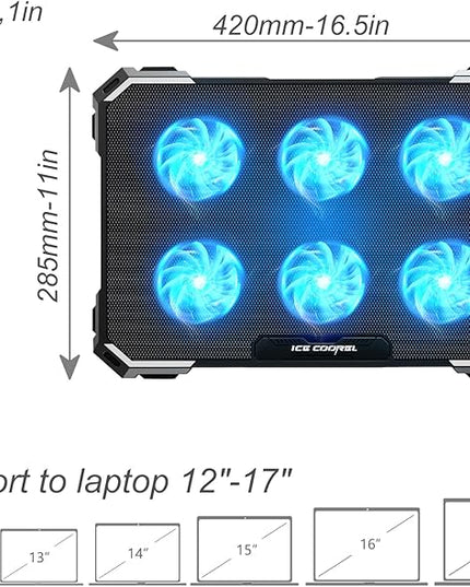 ICE COOREL Laptop Cooling Pad with 6 Cooling Fans, Cooling Pad for Laptop Fan 13-15.6 Inch, Laptop Cooler Stand with 6 Height Adjustable, Notebook Cooler Pad with Two USB Port