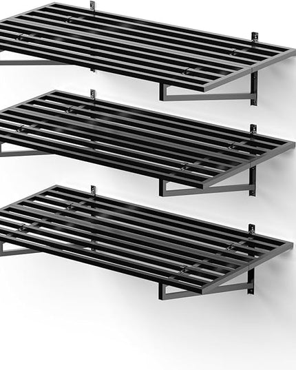3-Pack Garage Wall Shelves, 2' x 4' Heavy Duty Wall Mounted Storage Rack with 9 Hooks, 750 lbs Capacity (250 lbs Each), Steel Garage Organization Shelving for Tools, Bins, and Power Equipment