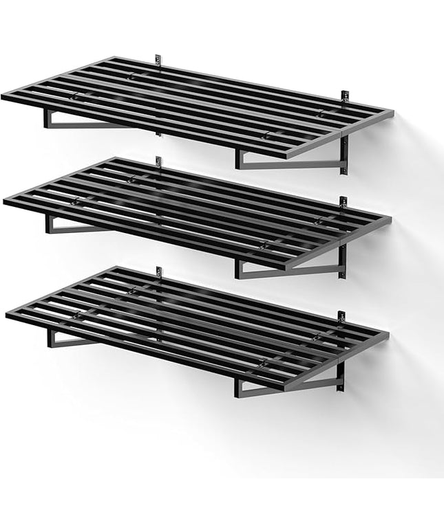 3-Pack Garage Wall Shelves, 2' x 4' Heavy Duty Wall Mounted Storage Rack with 9 Hooks, 750 lbs Capacity (250 lbs Each), Steel Garage Organization Shelving for Tools, Bins, and Power Equipment