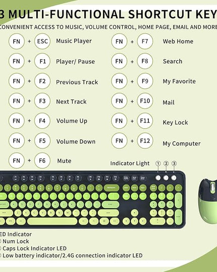 Wireless Keyboard and Mouse, MOFII 104 Round Keycaps Retro Typewriter with OTG & Brush, Full-Size Ergonomic, Ideal for Windows PC, Home, Office and College Gray Green
