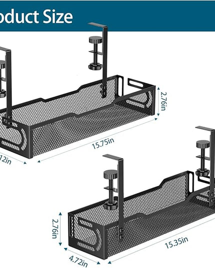 2Pack Under Desk Cable Management Tray, No Drill Mesh Desk Cable Tray, Wire Management Tray Cable Management Rack, Wire Organizer and Cable Management Box (Black)