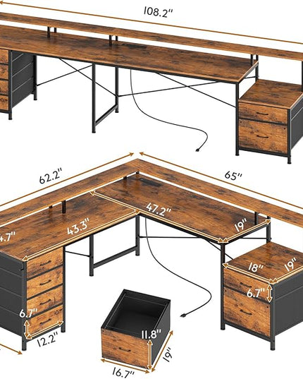 SEDETA L Shaped Desk with 6 Drawer, 108" Home Office Desk with File Drawer & Power Outlet, Corner Computer Desk with Monitor Shelf, Two Person Desk, Gaming Desk with Led Lights, Rustic Brown