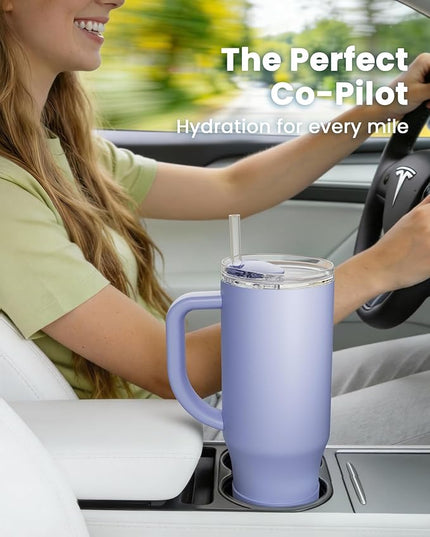 Renoj Tumbler with Handle 100% Spill Resistant Insulated Water Bottle for Iced Coffee & Hot Drinks - Fits Car Cup Holder, Ideal Gift, 2 Straws & Silicone Boot BPA-Free - FlexSlide Blue 32 oz