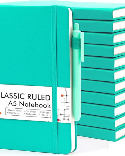 feela 12 Pack Notebooks Journals Bulk, Hardcover Notebook Classic Ruled Lined Journals with Pen Holder for Women Girls School Business Supplies, with 12 Black Pens, 120 GSM, 5.1”x8.3”, A5, Aqua