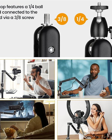 TARION Overhead Camera Desk Mount - 360° Flexible Articulating Arm with 3/8'' Screw and 1/4'' Screw Ballhead for DSLR SLR Mirrorless Cameras Projector Ring Light TKA01-M