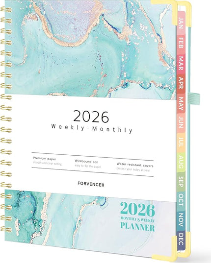 Forvencer 2026 Planner, Hardcover Calendar Planner Weekly and Monthly, Jan 2026 - Dec 2026, 8.5" x 11", Spiral Agenda Book with Tabs, Exquisite Daily Journal Organizer for Home School, Teal Marble