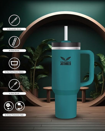 40 Oz Insulated Tumbler with Handle and Straw, Stainless Steel Coffee Travel Mug with Lid, Leak Proof Water Bottle with Accessories, Blue Spruce