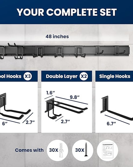 48'' All-Metal Garage Tool Organizer Wall Mount – Heavy-Duty Tool Rack Holds 450 lbs, Adjustable Hooks for Garage, Yard, and Garden Equipment
