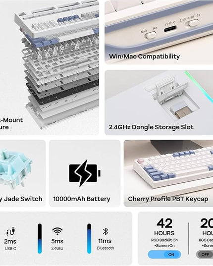 EPOMAKER TH108 PRO Full Size Mechanical Keyboard with Screen & Knob, Wireless Gaming Keyboard with 10000mAh, Creamy Gasket, Hot Swap, Custom Driver, RGB Backlight (White, Creamy Jade)