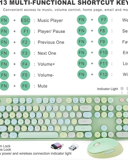 Wireless Keyboard and Mouse Combo, Ergonomic Full Size Typewriter Retro Round Keycaps Keyboard, Compatible with Windows, PC, Perfer for Home and Office Keyboards (Green