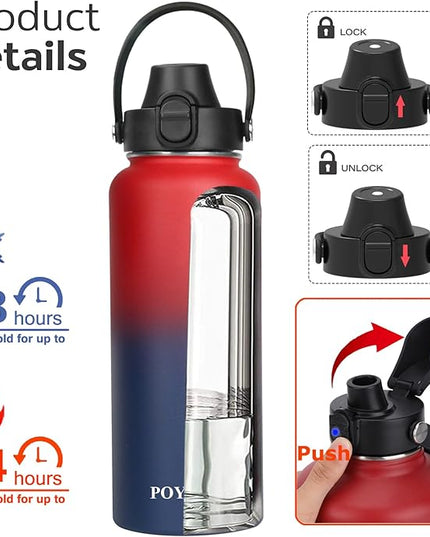 Water Bottle Insulated 32oz 40oz 64oz 128oz Straw Lid Spout Lid & 3 Lids, Leak Proof, Vacuum Insulated,Stainless Steel Water Bottle Wide Mouth for Sports, Gym or Office