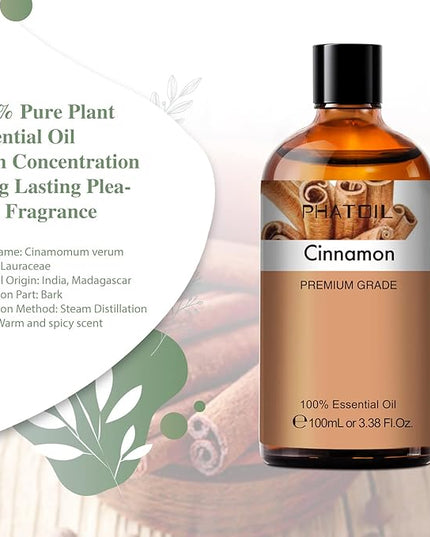 PHATOIL 100ML Cinnamon Essential Oil, Huge 3.38fl.oz Bottle Cinnamon Oil, Aromatherapy Oils for Diffuser, Humidifier, DIY, Essential Oil Singles