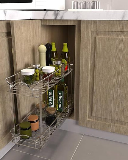 OCG Slide Out Cabinet Organizer for Narrow Cabinet (9" W X 17" D), 2 Tier Pull Out Shelves Slim Sliding Cabinet Organizer and Storage, Chrome