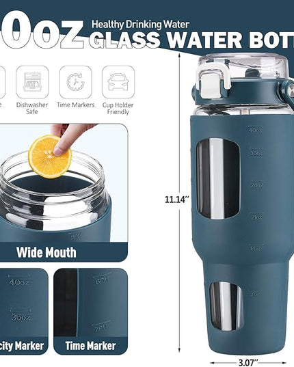 BLUEGO 40oz Glass Tumbler with Lid and Straw, Glass Water Bottles with Handle, Glass Cup with Time Marker and Silicone Sleeve, Fits Most Cup Holder, Leak-proof, Dark Blue
