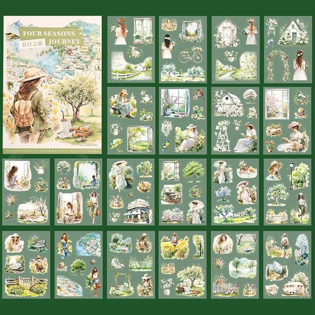 Dwpetzo Spring Landscape Pre-Cut Journal Sticker Book for Junk Journaling, Transparent PET Stickers for Scrapbook Supplies, Scrapbooking, Collage, Planners, Bujo, 20 Sheets