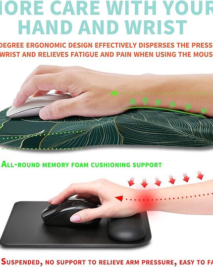 Ergonomic Mouse Pad Wrist Support with Memory Foam Massage Bulge, Carpal Tunnel Pain Relief Mousepad Wrist Rest for Mouse(12x8 inch, Leaves)