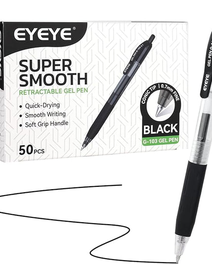EYEYE G-103 Retractable Gel Pens Black 0.7mm, 50 Pack Medium Point Gel Ink Pens Quick Drying, 0.7 mm Fine Piont Ballpoint Pen Smooth Writing for Office School Supplies