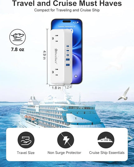 5 USB(3 USB C) Travel Power Strip- 5Ft Short Extension Cord with 5 USB Charging Station 24W/4.8A and 4 Wide Outlets, Compact Flat Plug Small Extension Cord for Travel Cruise College Dorm Office White