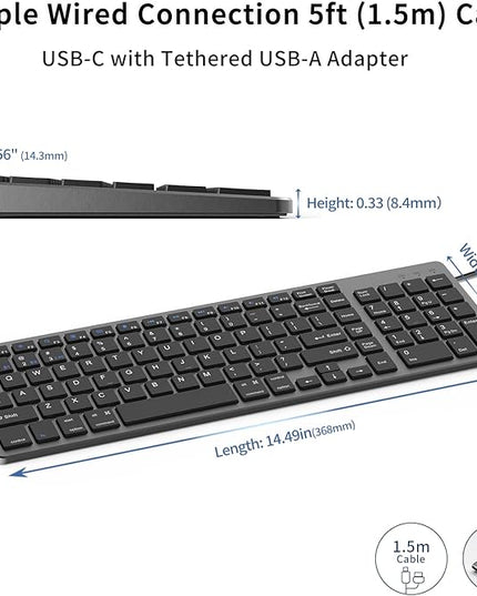 JKSML Wireless Keyboard with 102 Keys, Bluetooth and 2.4 GHz Wireless, Low Profile, Number Pad, Fluid Quiet Typing, 12 Programmable Keys, USB C Rechargeable, for Phone, Tablet, PC, Laptop, TV - Black