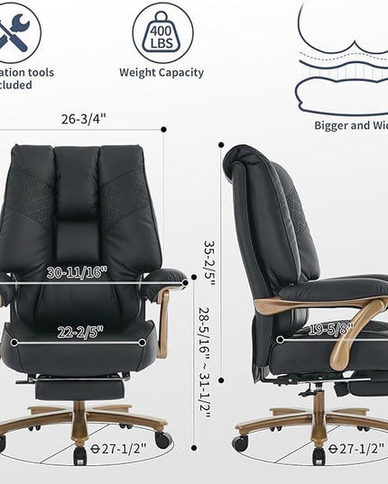 Big and Tall Executive Office Chair with Footrest, 400LBS Capacity Ergonomic High-Back Desk Office Chair with Lumbar Support, Padded Armrests & Thick Cushion, Black PU Leather Chairs