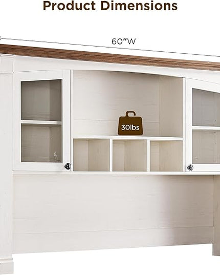 OKD Farmhouse Hutch for 60" Executive Desk, Office Desk Storage Cabinet with Glass Doors and Shelves, Top Hutch Organizer for Home Office - Antique White