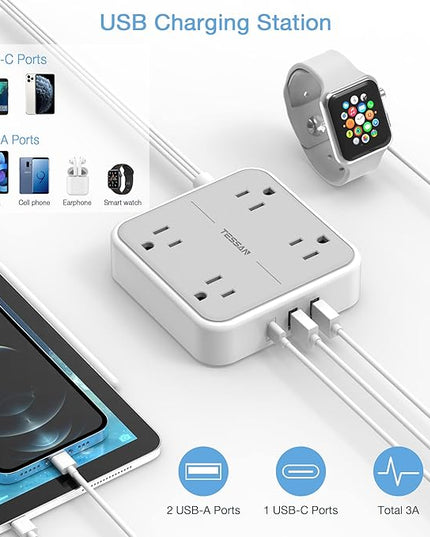 Flat Extension Cord 10 ft, TESSAN Ultra Thin Power Strip Under Carpet with 3 USB Wall Charger(1 USB C Port), 4 Outlets Slim Desk Charging Station Compact for Cruise Ship, Dorm Room Essentials Gray