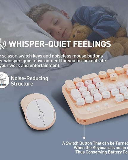FOPETT 2.4GHz Wireless Keyboard and Mouse Set with Switch Button - Full-Size Keyboard - Compatible for Windows/Laptop/PC/Notebook/Smart TV and More - Pink