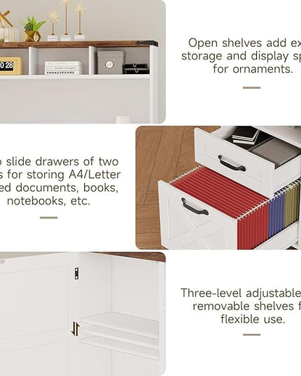 Farmhouse Executive Desk 51" Computer Desk with 2 Drawers Storage Cabinet and RGB LED Lights Power Outlets, Wood Home Office Desk with Hutch and Monitor Stand for Work Study Writing, Rustic White