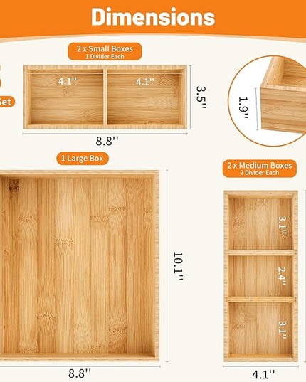 SpaceWhisper Bamboo Drawer Organizer, 5-Piece Drawer Divider with Removable Dividers for Organization and Storage, Multi-Use Stackable Storage Box & Utensil Holder for Kitchen, Office, Makeup & More