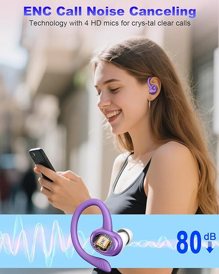Wireless Earbuds Sport, 2025 Bluetooth 5.4 Headphones with Earhooks, 50H Stereo Deep Bass Over Ear Buds with 4 ENC Noise Canceling Mics, IP7 Waterproof Earphones for Running Workout Gym -Purple
