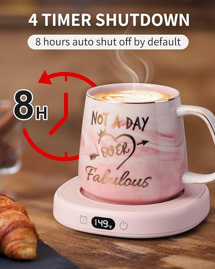 Coffee Mug Warmer & Not A Day Mug Set, Coffee Cup Warmer for Desk, 4 Temperature Setting, Smart Electric Beverage Warmer for Coffee, Tea, 8-Hours Auto Shut Off
