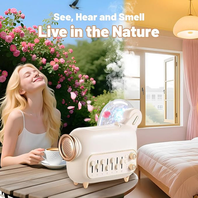 White Noise Machine with Humidifier,Essential Oil Diffuser Water Ripple Light Projector&Bluetooth Speaker - Portable Sleep Sound Therapy, 7 Natural Sounds Style DIY Mixer