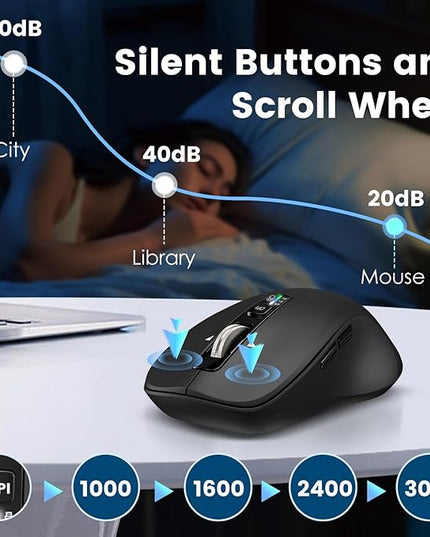 Wireless Bluetooth Mouse (USB + BT1 + BT2), Full Size, 4-Way Scrolling, Multi-Device Silent Mouse for Computer, Laptop, iPad, MacBook (Black)