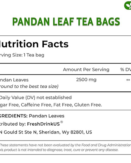 FreshDrinkUS, Premium 15 Pandan Leaf Tea Bags, 100% Natural & Pure from Pandan Leaves. Loose Leaf Pandan Herbal Tea. Made with Natural Material Tea Bags. No Sugar, No Caffeine, No Gluten, Vegan. (15 Tea bags)