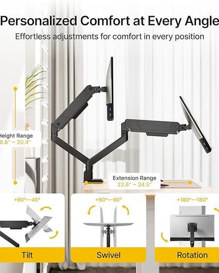 monTEK Dual Monitor Mount with USB Monitor Arms for 2 Monitors for 17 to 35 Inch Curved Screen Holds 35 Lbs Adjustable Heavy Duty Monitor Desk Mount Cable Management, VESA 75/100mm, MA1007UCBK-D