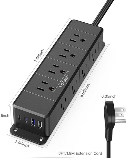 30W USB C Power Strip Surge Protector,Ultra Thin Flat Plug Power Strip 4 Side 12 Outlets,1 PD Fast Charing,2 USB-C, 2 USB-A(4 USB Total 40W),6ft Slim Extension Cord,16 in 1 Desk Power Bar,1200J Black