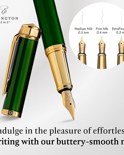 Ellington Pens Luxury Fountain Pen Set - Smooth Medium Nib - Includes 3 Ink Cartridges, Refillable Ink Converter, Box - Fountain Pens For Writing, Calligraphy, Journaling, Sketching (Emerald Enigma)